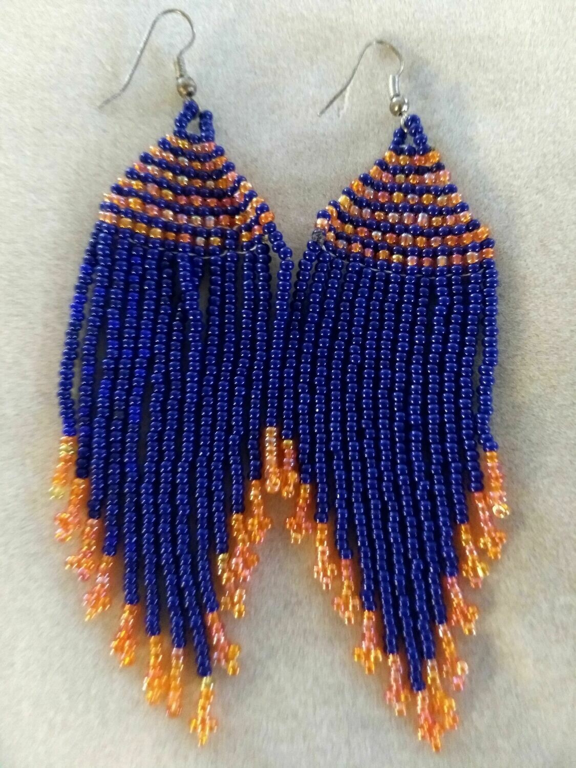 Hand-beaded Navy Blue and Orange Earrings