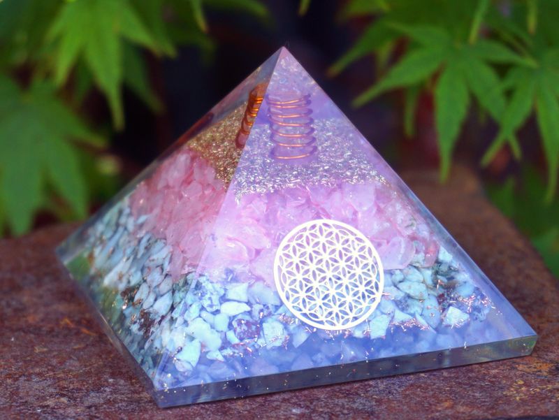 Larimar, Rose Quartz Flower of Life Orgone Pyramid