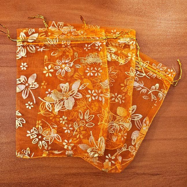 ☀️​ Orange Organza Bags with Gold Flowers — Set of 10
