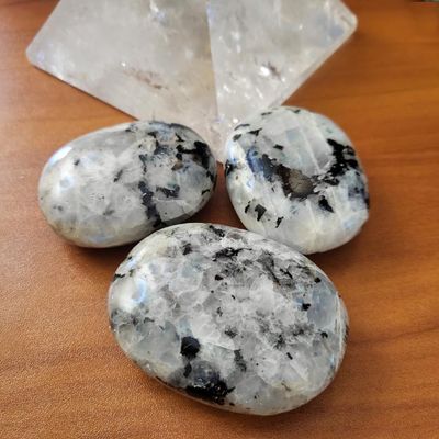 🌔​Rainbow Moonstone with Black Tourmaline Palm Stone