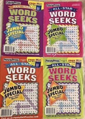 Lot of 4 Penny Press All Star Word Seeks Puzzles Books -Free Shipping!
