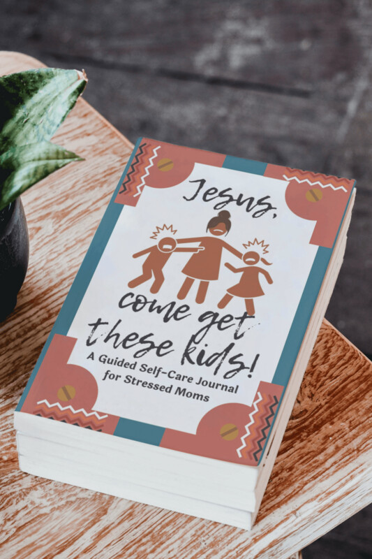 The Jesus, Come Get These Kids Guided Self-Care Journal is presented lying flat on a wooden coffee table, next to a green plant. This journal includes prompts to help women track wellness and cultivate mindfulness.
