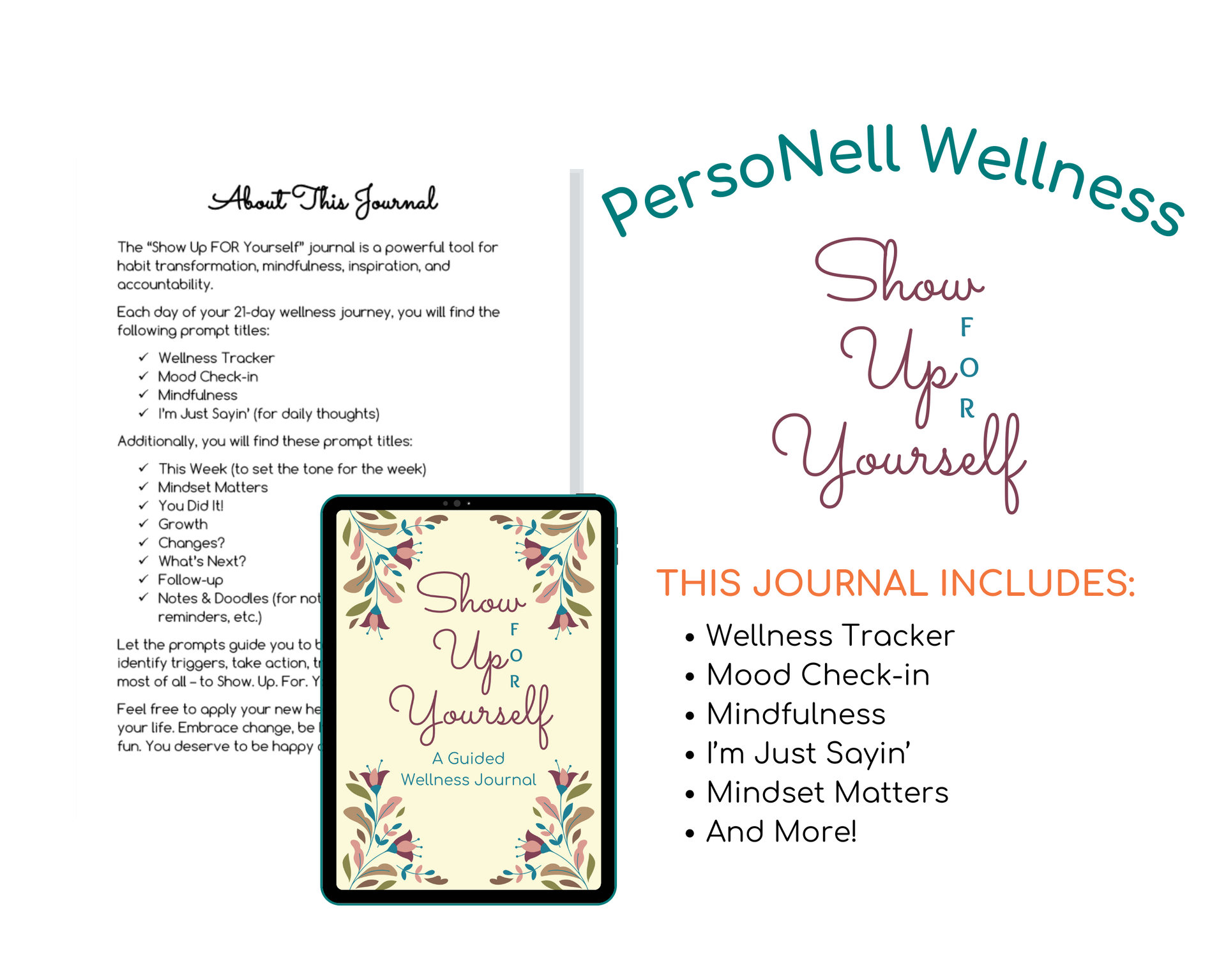 Cover of Show Up FOR Yourself Wellness Journal, a printable 21-day wellness guide for Christian women to practice mindfulness, goal-setting, and self-care.