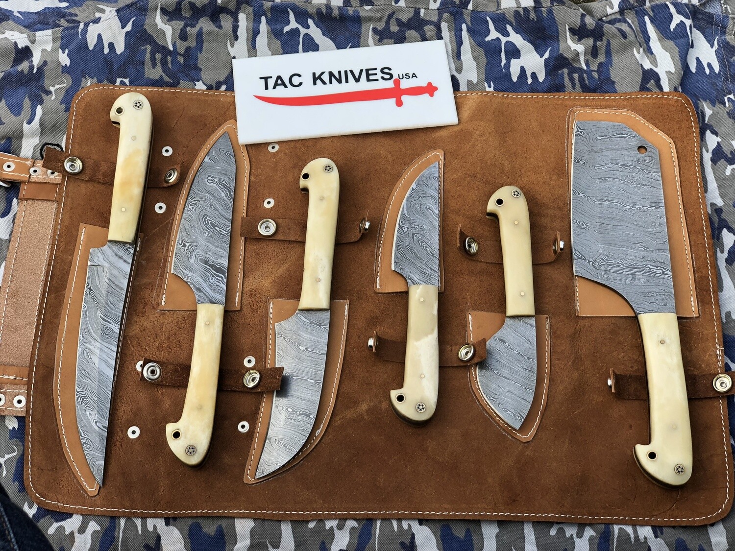 Handmade Damascus Kitchen Knife Set with bone handle 