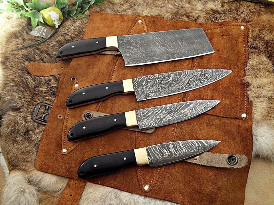 Handmade Damascus Kitchen Knife Set with bull horn handle   
