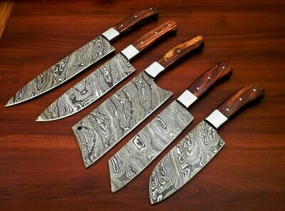 Handmade Damascus Kitchen Knife Set with Rose wood handle 