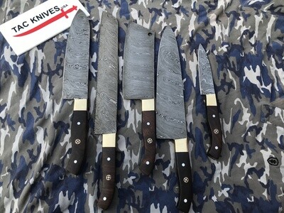 Handmade Damascus Kitchen Knife Set With Rose Wood Handle
