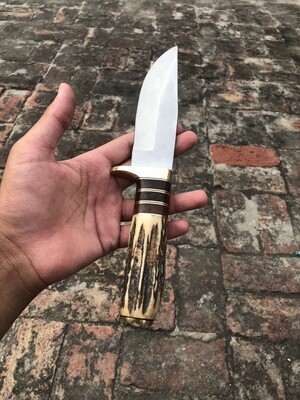  Handmade Skinner Knife With Elk Handle And Leather Sheath 