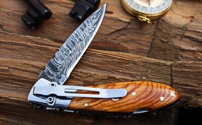 Handmade Damascus Steel  Folding Knife With Burl Wood Handle 