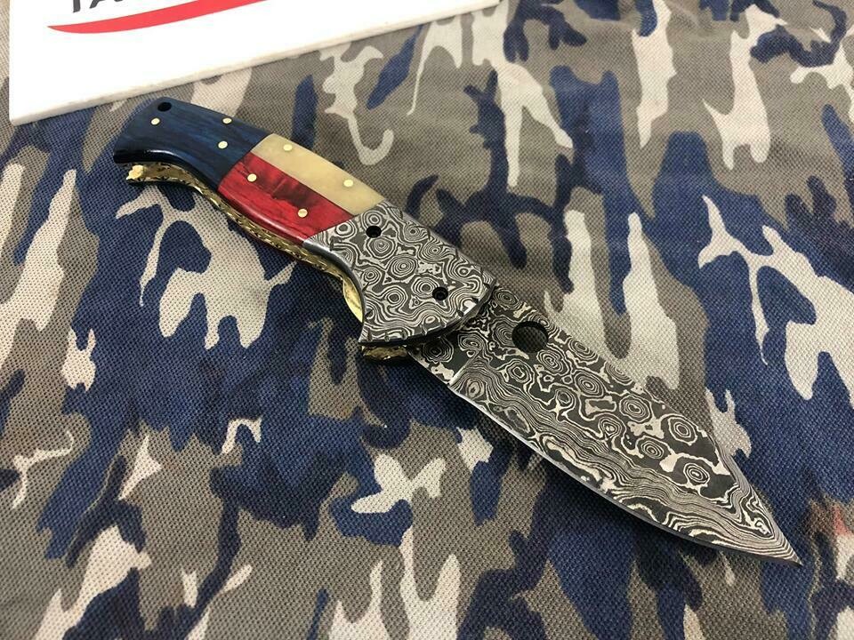 Handmade Damascus Folding Knife With Texas Flag Handle 