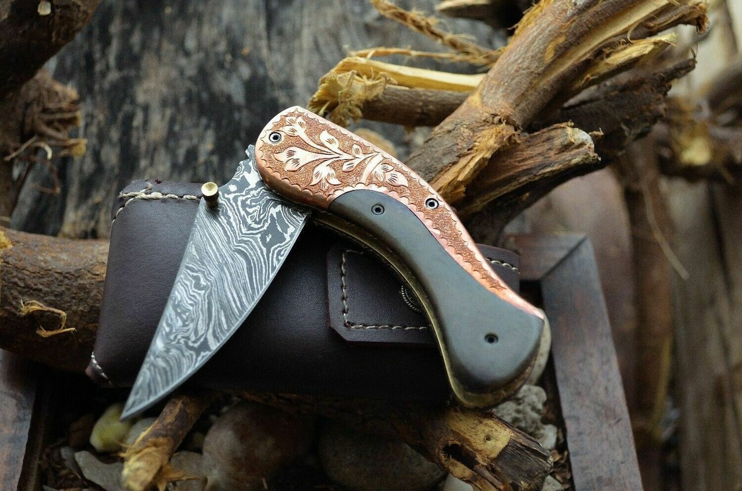 Damascus Folding Knife with Brass And Bull horn handle 