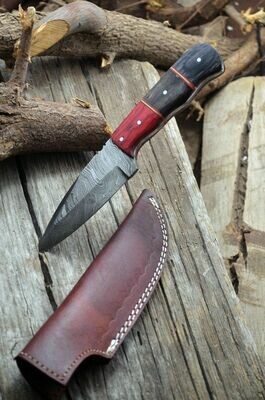 Damascus Skinner Knife With Wood Handle And Sheath 