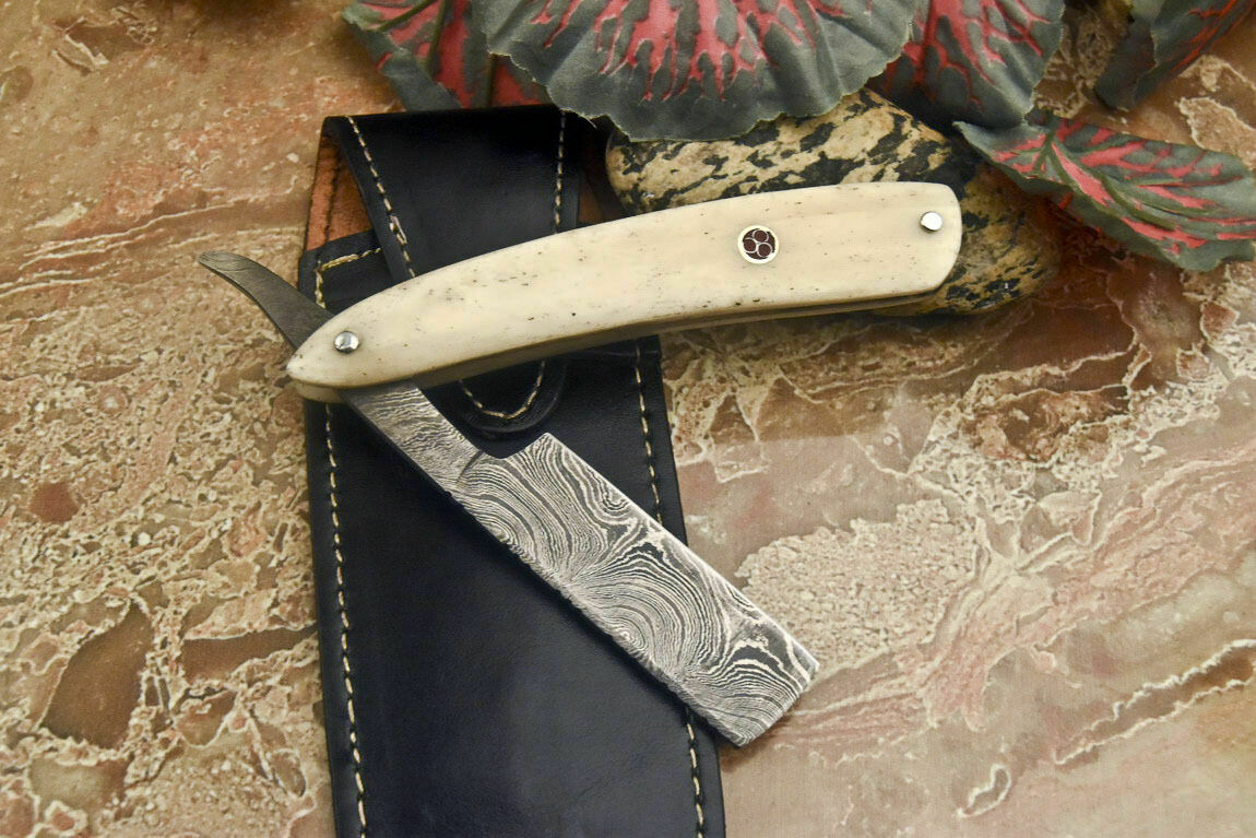 Handmade Damascus Steel Razor With Leather Sheath 