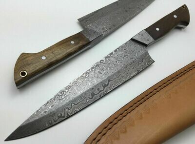 Handmade Damascus Chef Knife With Leather Sheath