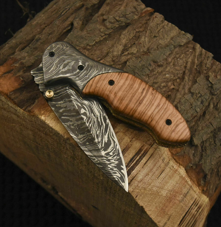 Handmade Damascus Folding Knife with Wood handle