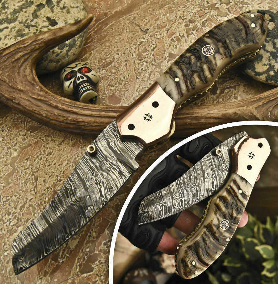 Damascus Folding Knife with Ram horn handle