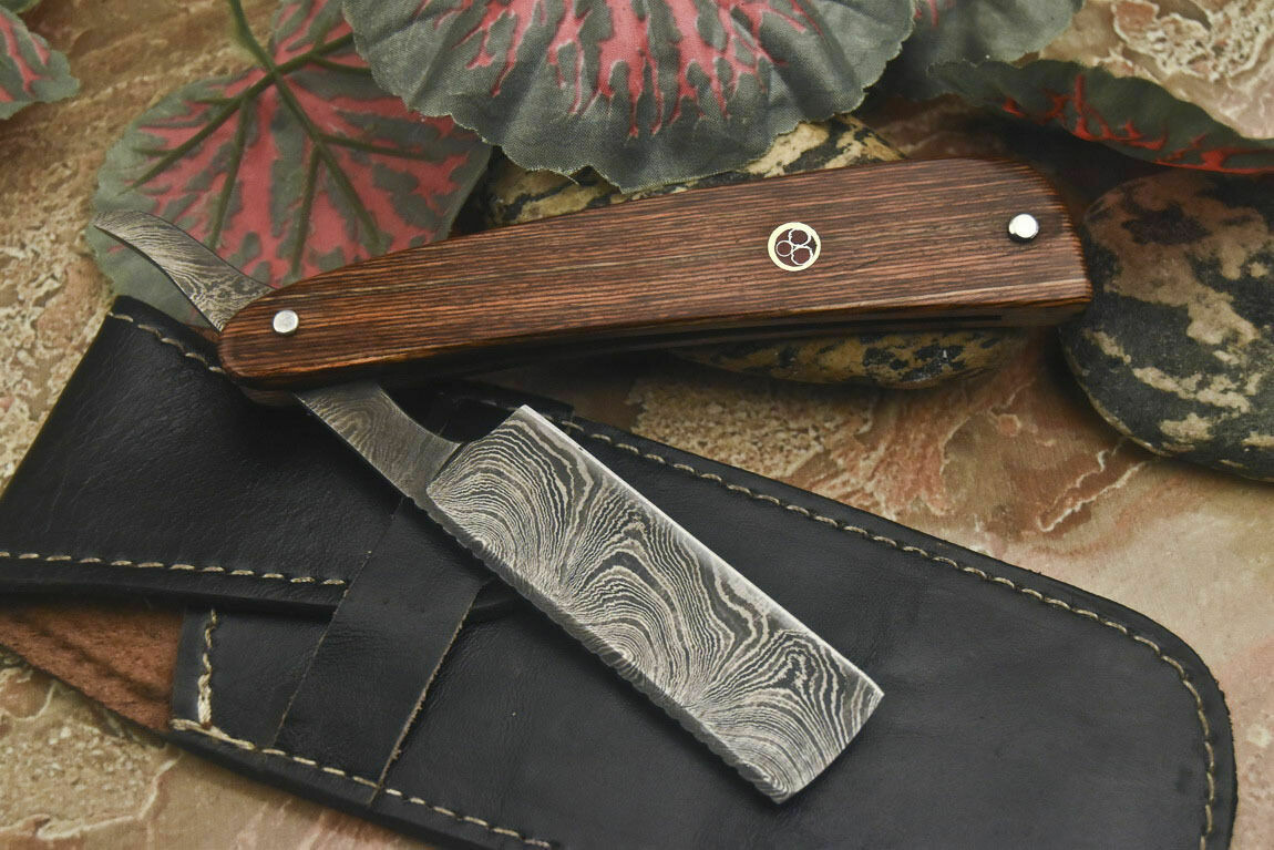 Handmade Damascus Steel Razor With Leather Sheath 