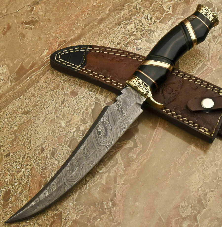 Handmade Damascus Bowie Knife With Leather Sheath