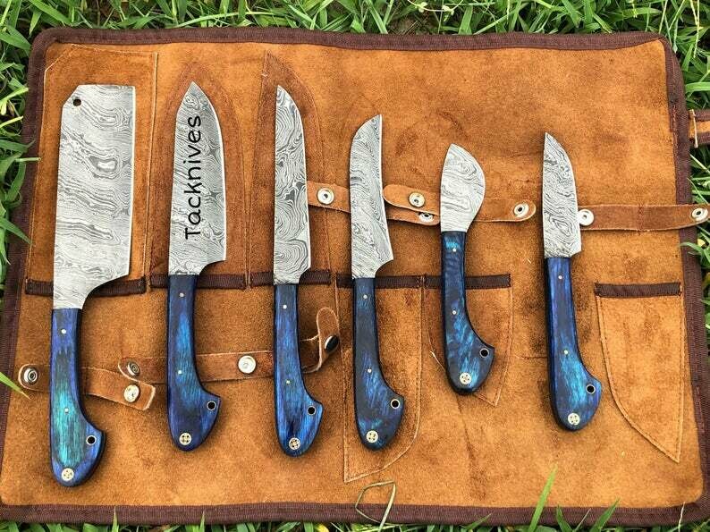 Handmade Damascus Kitchen Knife Set With Blue Pakka Wood Handle