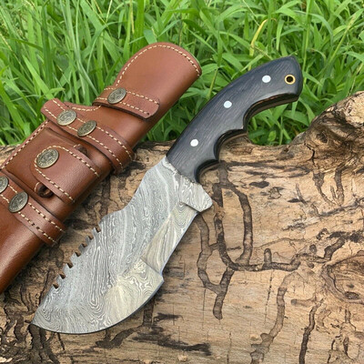 Damascus Steel Tracker Knife With Leather Sheath