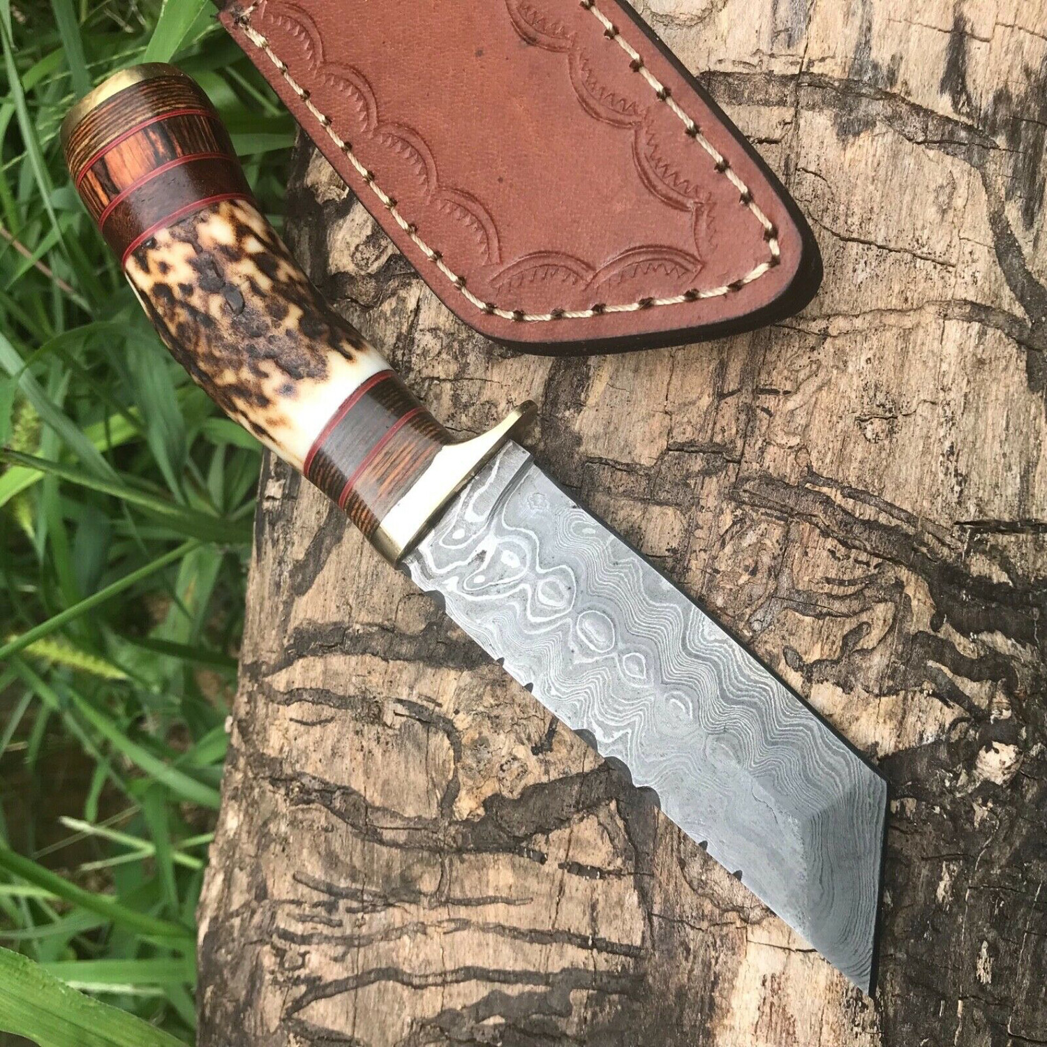 Damascus Steel Tanto knife with leather Sheath