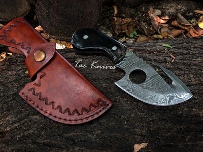 Damascus Gut hook Skinner Knife With Leather Sheath