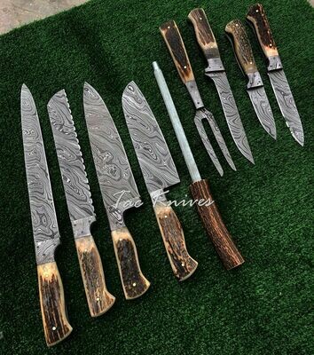 Damascus Steel Culinary Chef Knife Set With Stag Horn Handle
