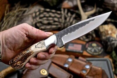 Skinner Knife With Antler Handle And Scrimshaw on handle