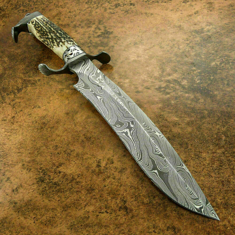Damascus hunting Knife With Antler Handle And Damascus Guard