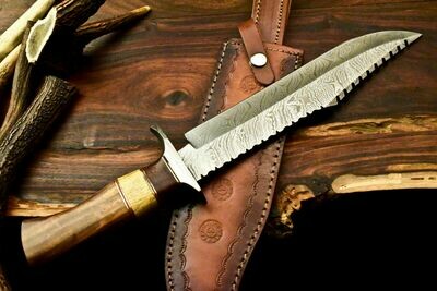 Damascus Bowie Knife With Sliver Guard And Rose wood Handle-RAS090