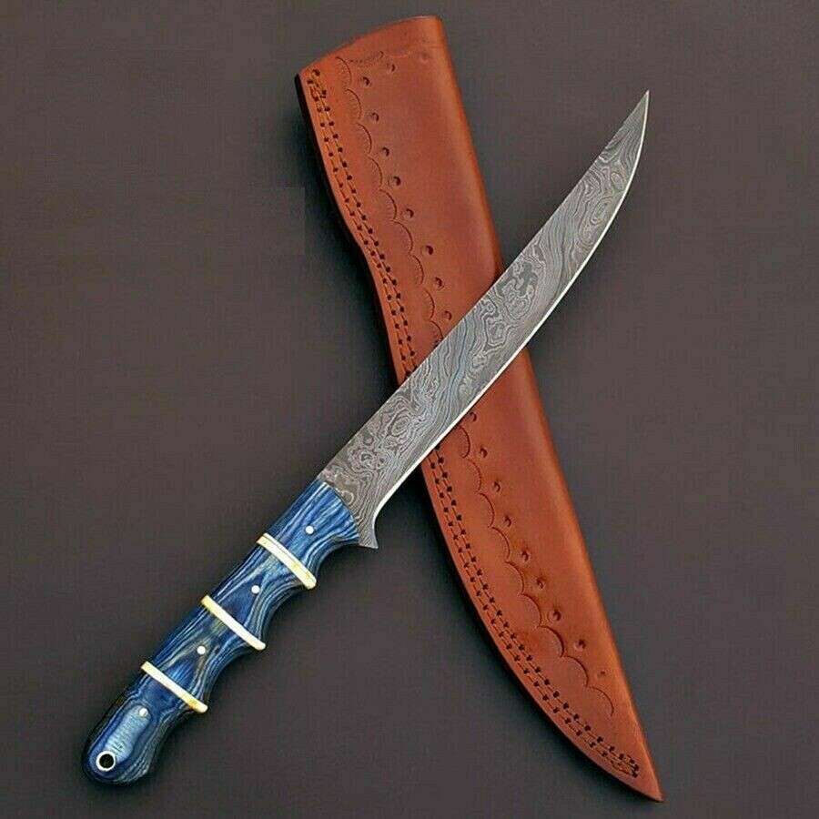 Damascus Fillet Knife With Blue Pakka Wood Handle