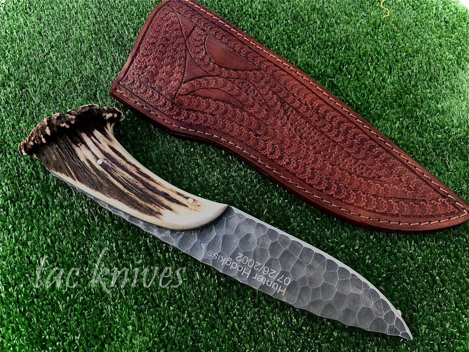 1095 Steel Hand forged stone textured blade with antler handle