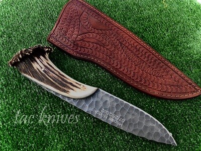 1095 Steel Hand forged stone textured blade with antler handle
