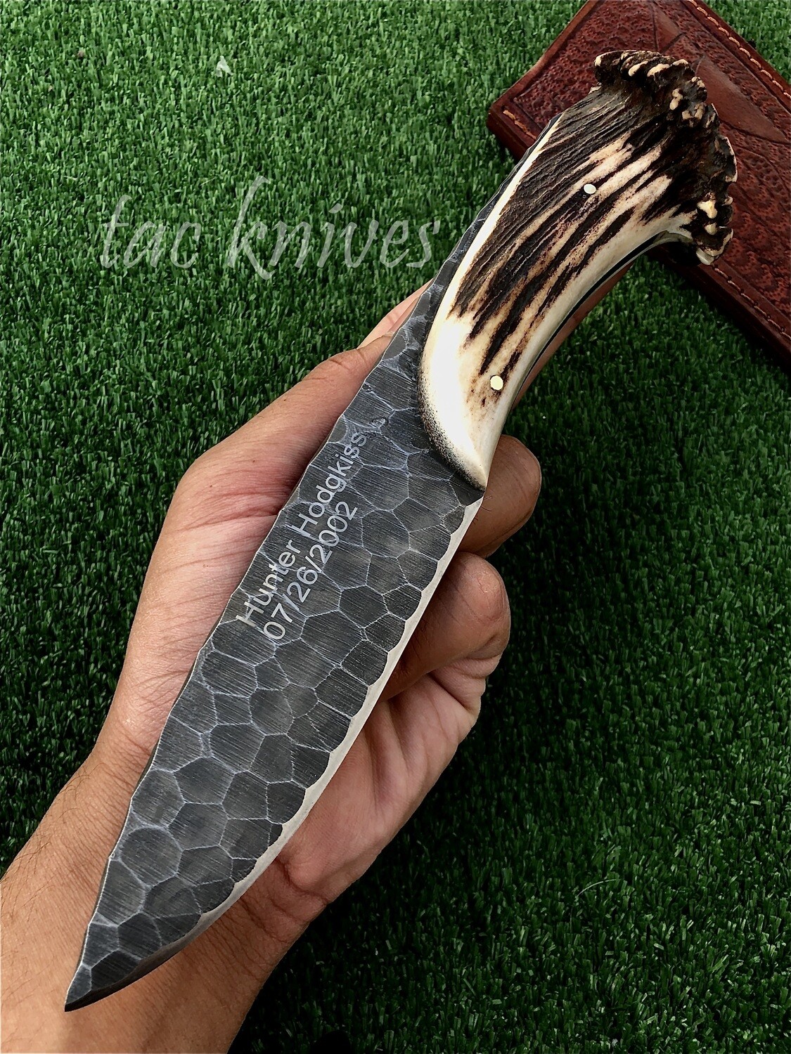 1095 Steel Hand forged stone textured blade with antler handle