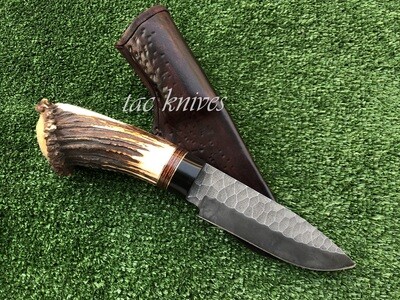 Hand forged Stone Textured Steel Hunting Knife With Real Antler Handle