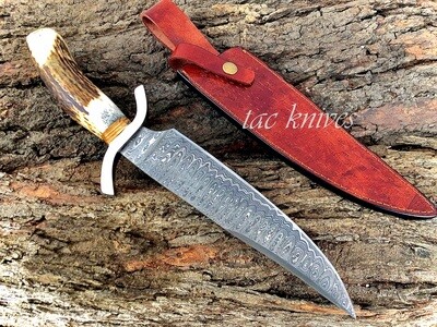 Handmade Damascus Steel Hunting Knife With Antler Handle And Leather Sheath