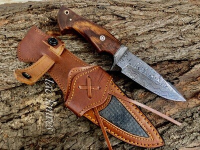 Handmade Damascus Steel Hunting Knife With Rose Wood Handle