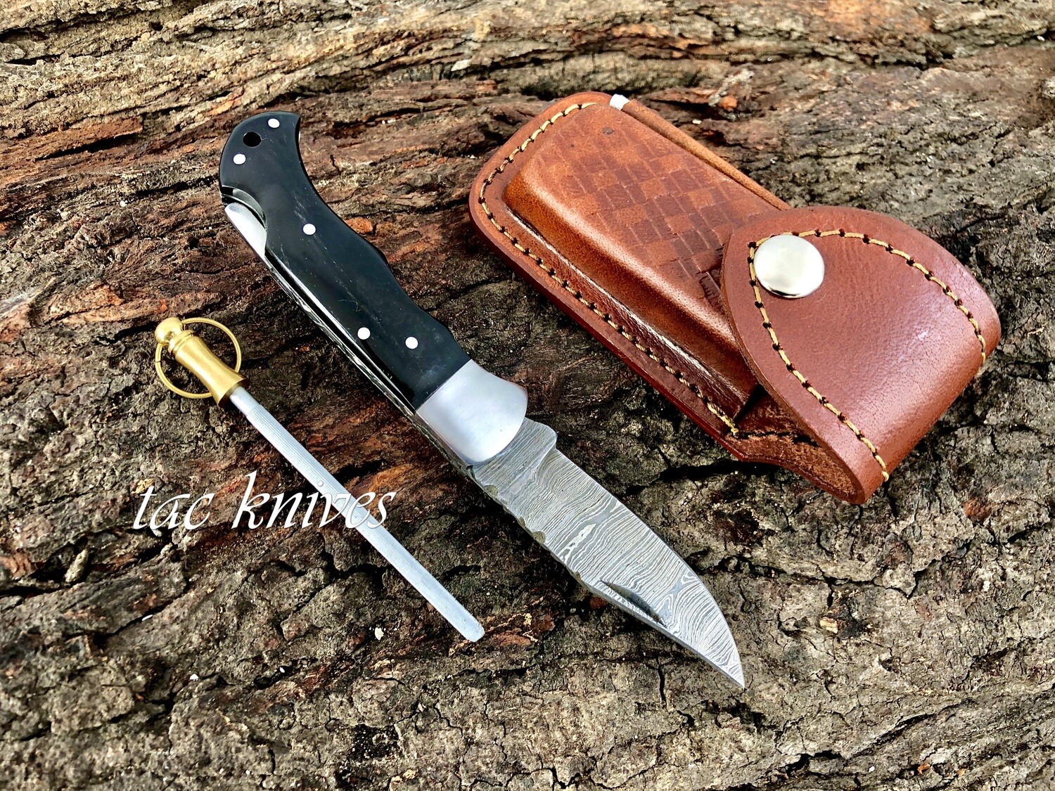​Damascus Steel Pocket Knife With Bull Horn  | Personalized Knife | Customized Knife| Handmade Knife