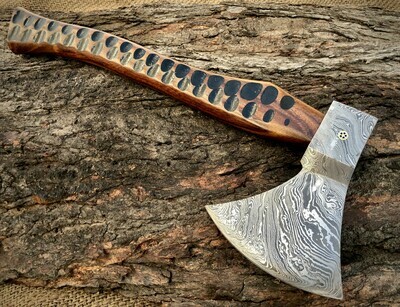 Damascus Steel Axe With Stone Textured Rose Wood Handle