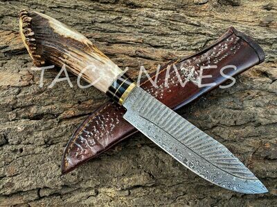 Damascus Steel Bowie Knife With Antler Crown Handle And Leather Sheath