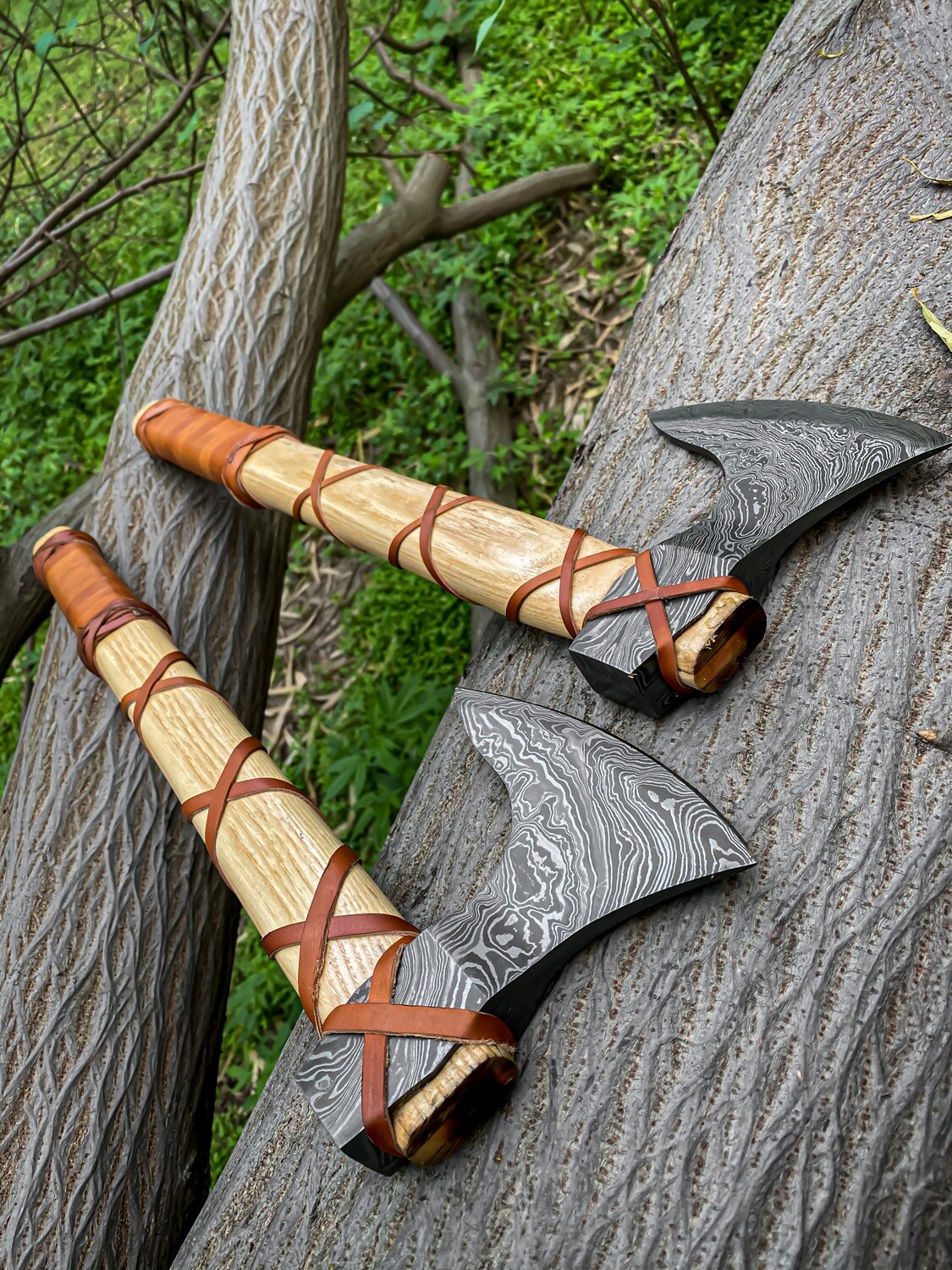 Damascus Viking Axe Pair With Ashwood Handle, Leather Wrap And Leather Sheath