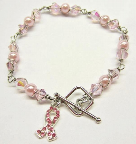 Crystal and Glass Pearl Wire Wrapped Breast Cancer Awareness Bracelet