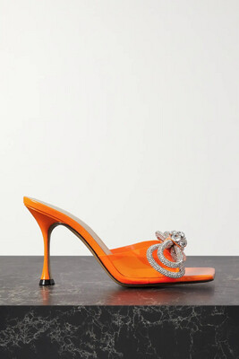 MACH &amp; MACH Double Bow crystal-embellished neon PVC and patent-leather mules