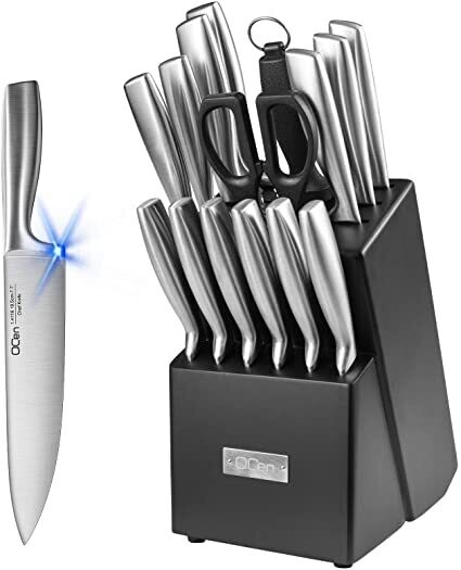 QCen Set coltelli,16 Pezzi Ceppo Coltelli, Set di Coltelli da Cucina Professionali in Acciaio Inossidabile Tedesco 1.4116 con Blocco in Legno