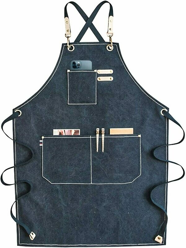 MANDIL de lona de algodón, ajustable, con bolsillos para mujeres y hombres en color azul.