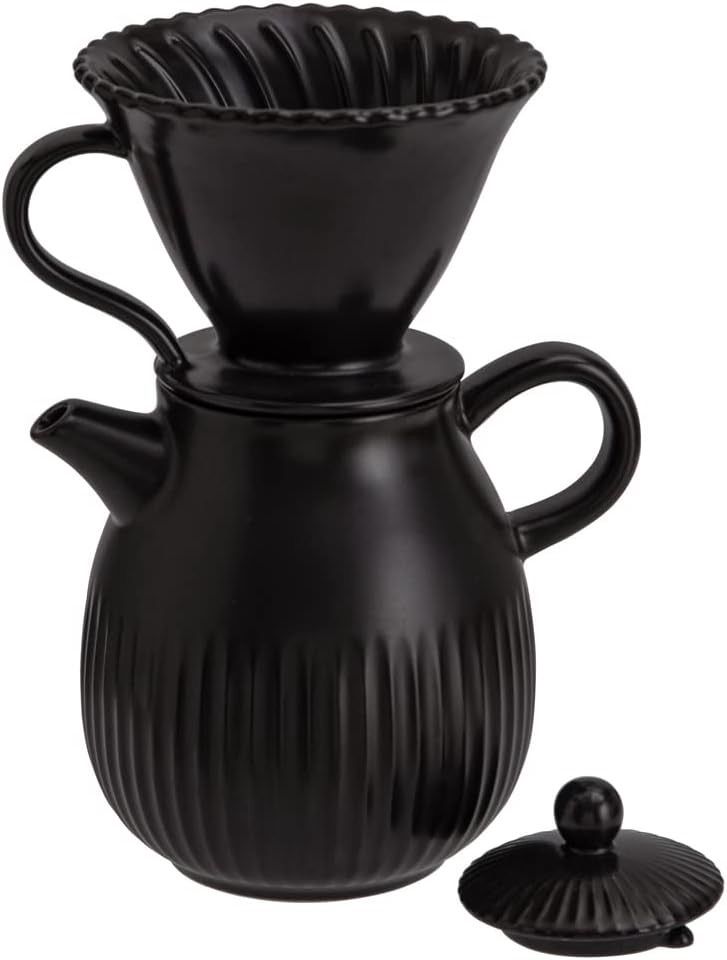 D&#39;ORAMIE Juego de gotero para verter sobre café, cafetera de cerámica de preparación lenta, juego de cafetera manual de sabor fuerte, negro mate, 1-2 tazas
