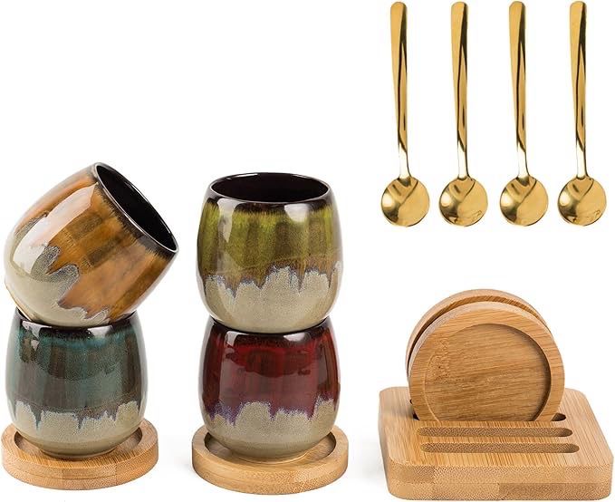 Hywisnok Taza de café espresso de cerámica pintada a mano con soporte de bandeja de bambú y cucharas, juego de 4