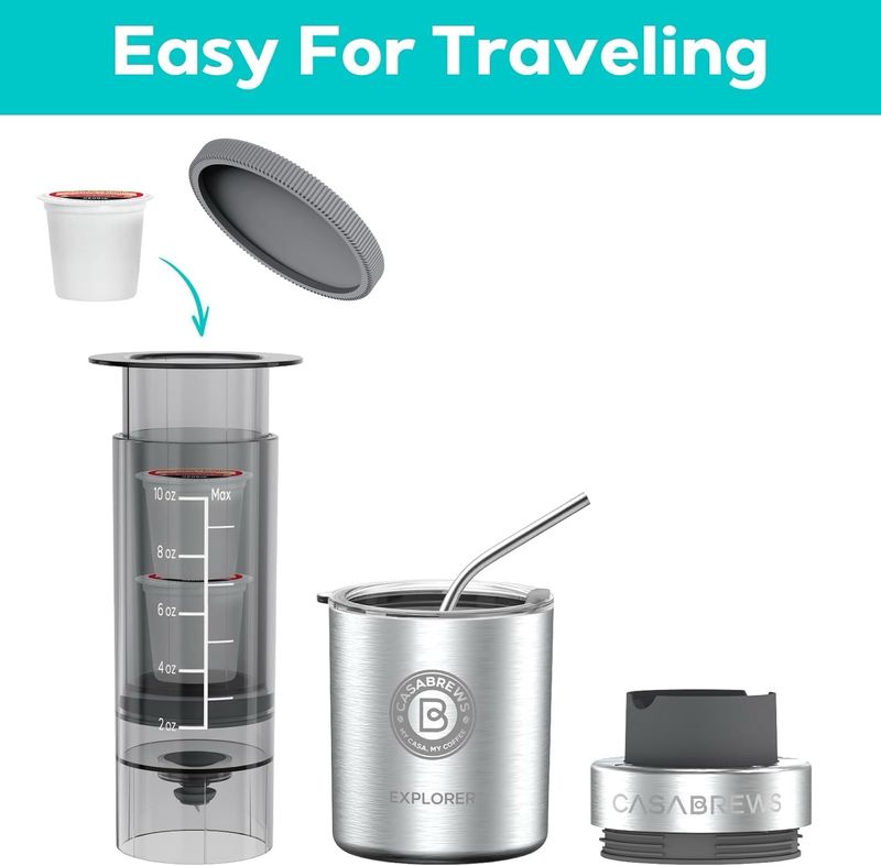 CASABREWS Cafetera portátil, cafetera de viaje pequeña 2 en 1 para cápsulas K Cup o café molido
