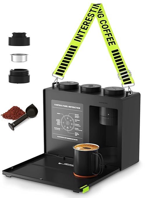 Candy™ Cafetera espresso portátil con correa para viajes, operación 3 en 1 con un solo toque, recargable hasta 60 tazas (fría), para suelo, ideal para camping, RV y uso al aire libre, calentamiento