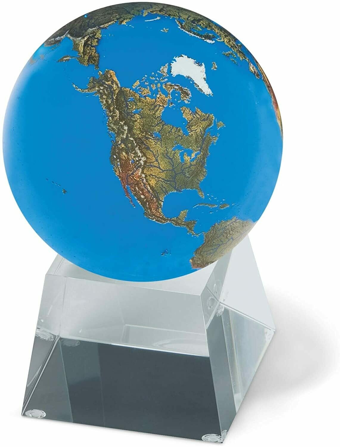 Aqua Crystal Sphere with Natural Earth Continents with Tapered Glass Spinning Base, 3 Inch Diameter